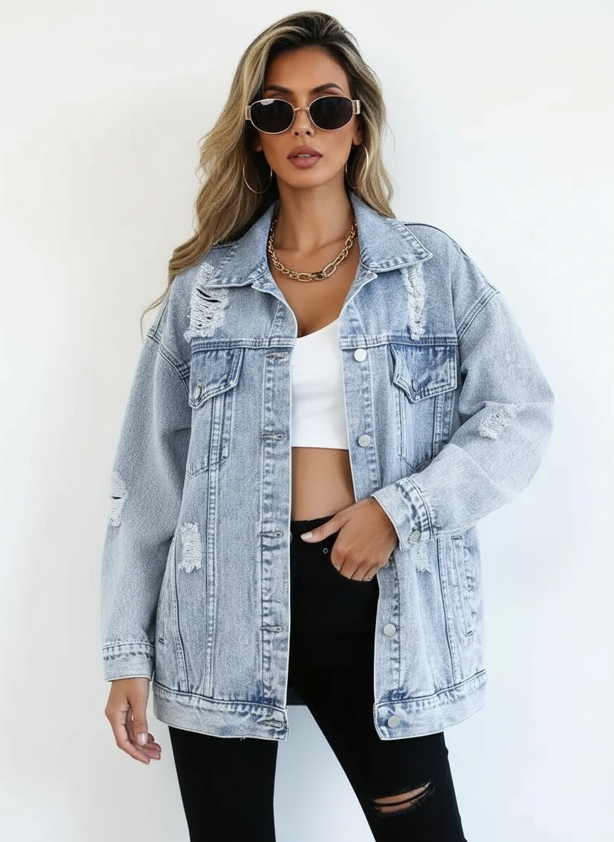 Damska Oversize Kurtka Jeansowa Vintage Denim