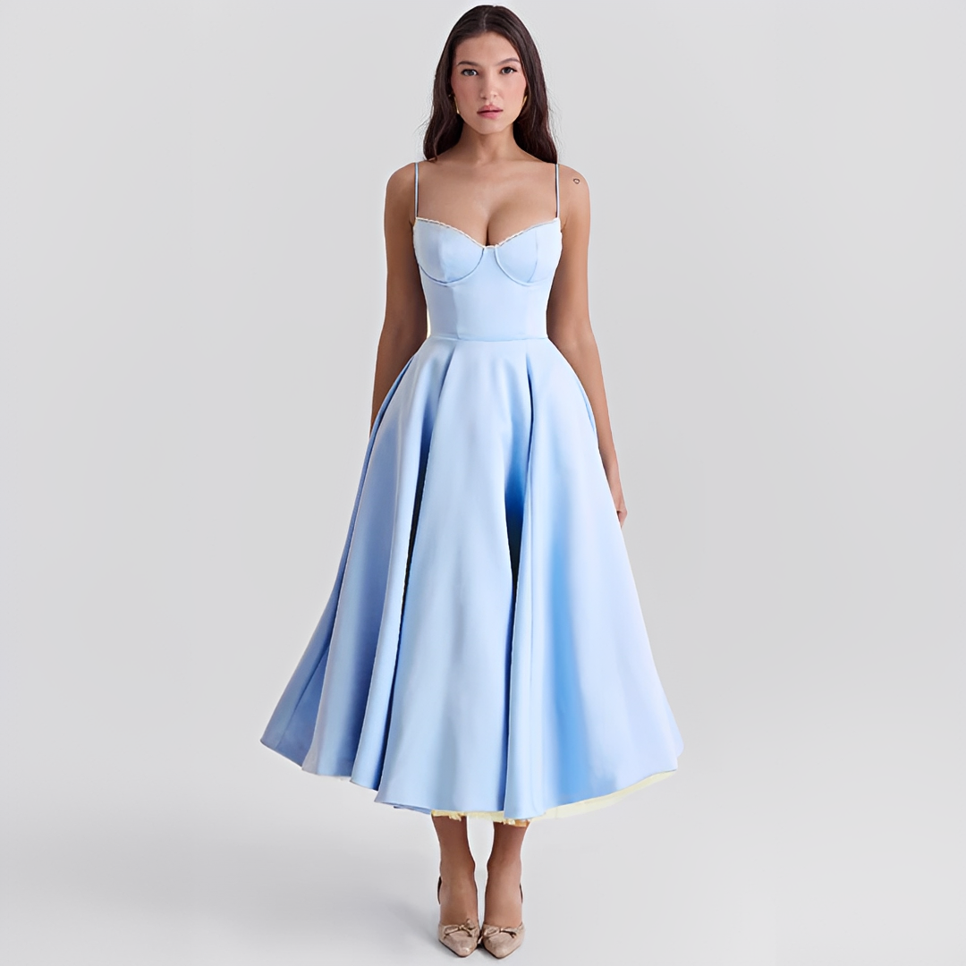 Elegancka Sukienka Midi na Ramiączkach z Rozkloszowanym Dołem