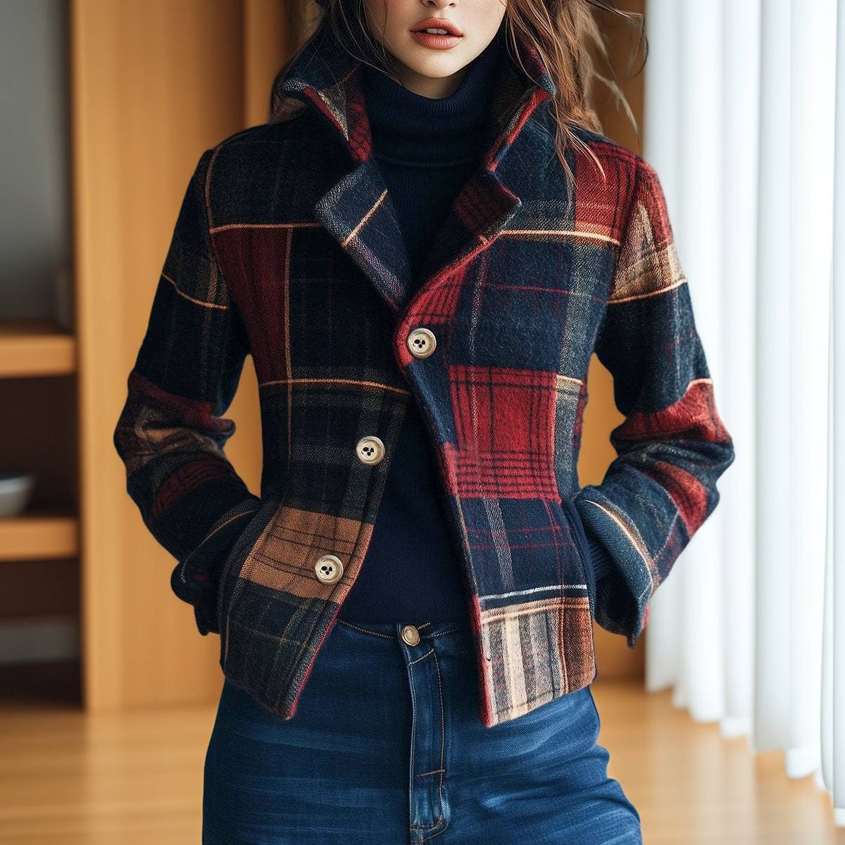 Krótka kurtka w kratę elegancka stylowa jesienna casual