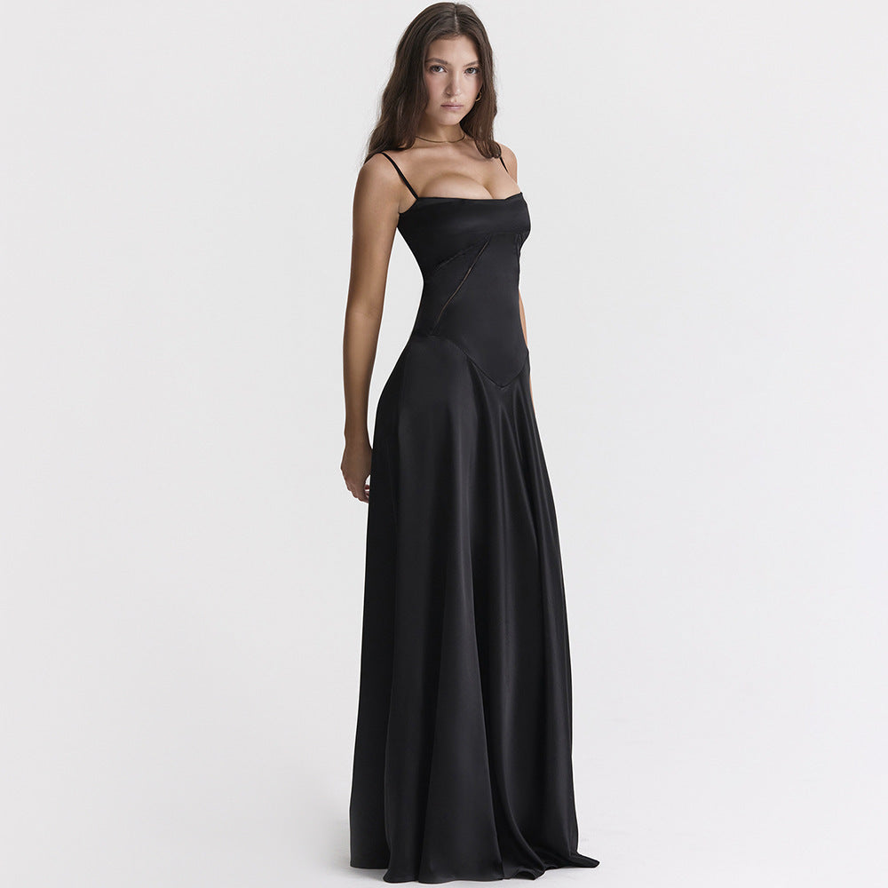 Satynowa Sukienka Maxi na Ramiączkach Elegancki Wieczorowy Styl