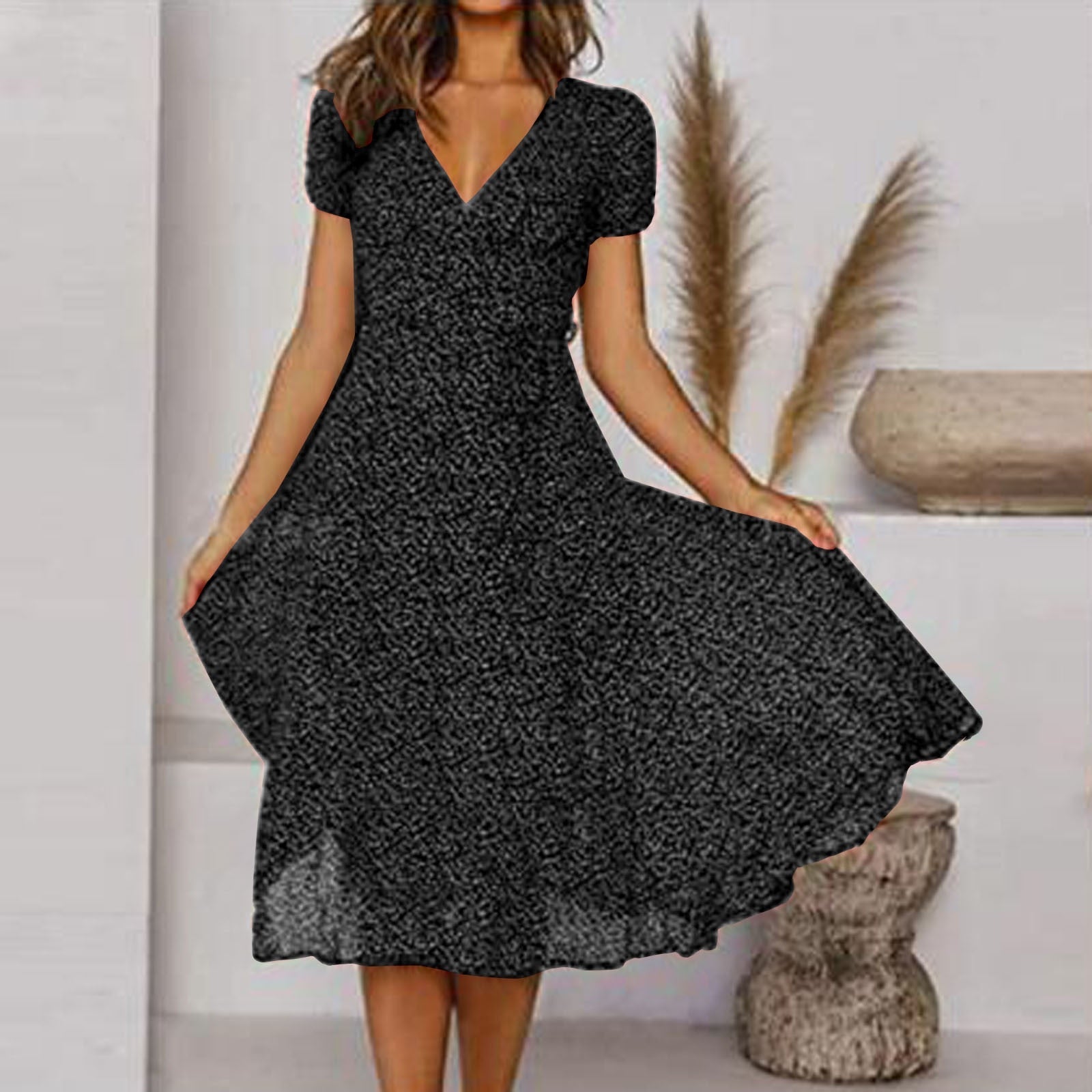 Sukienka Midi z Dekoltem V i Krótkim Rękawem
