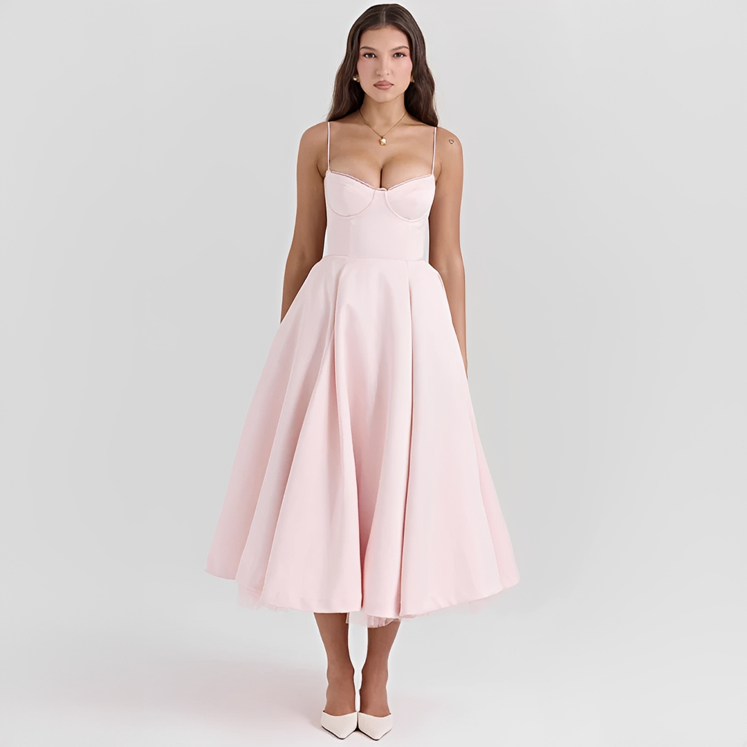 Elegancka Sukienka Midi na Ramiączkach z Rozkloszowanym Dołem