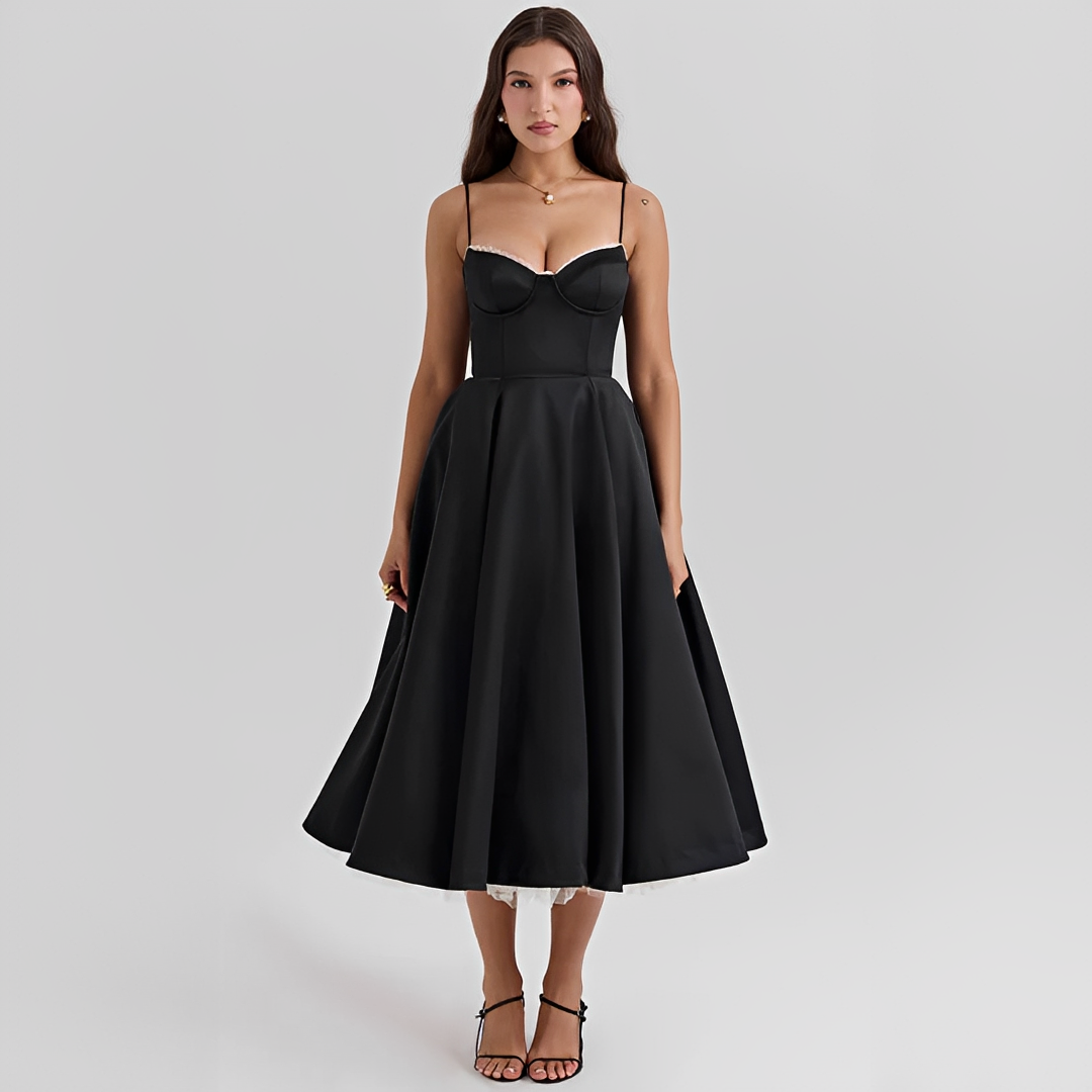 Elegancka Sukienka Midi na Ramiączkach z Rozkloszowanym Dołem