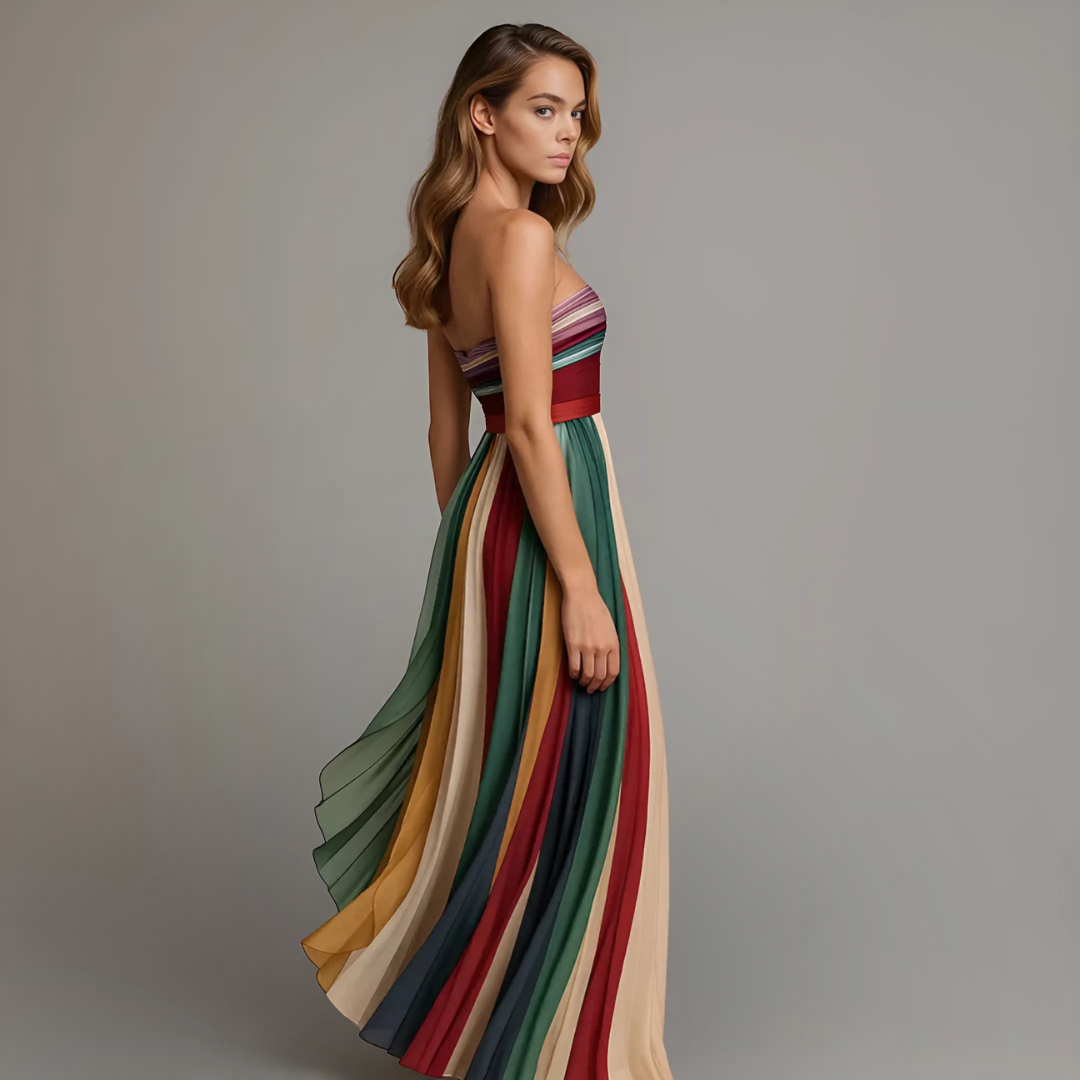 Megan | Plisowana Maxi Sukienka Bez Ramiączek w Stylu Colorblock