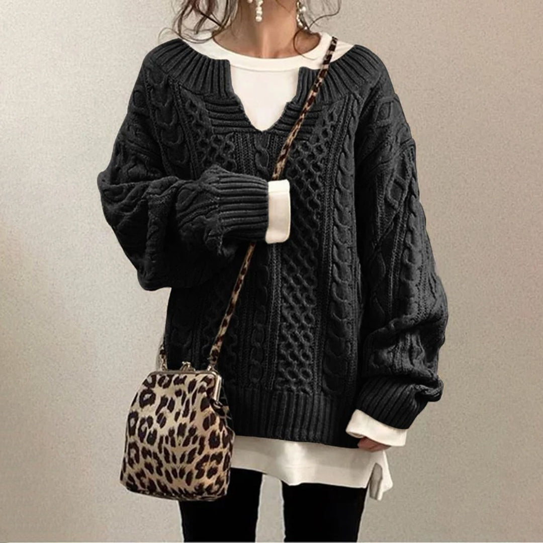 Luźny Sweter Oversize z Dekoltem V – Styl Casual