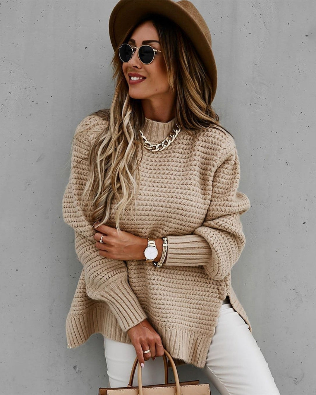 Oversize Sweter z Prążkowanej Dzianiny