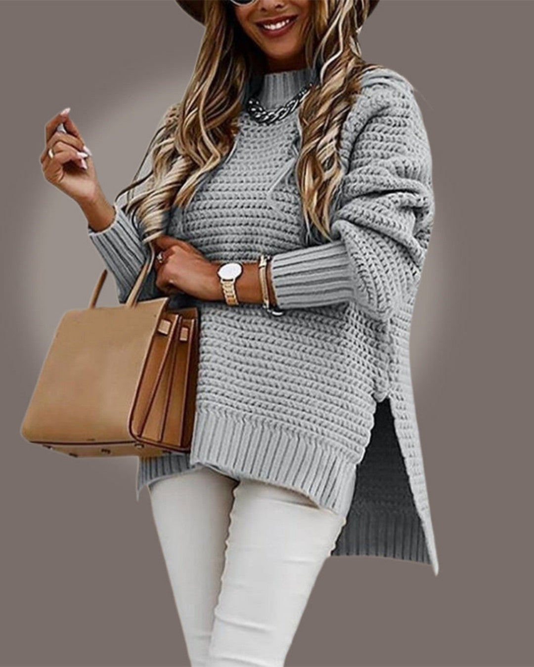 Oversize Sweter z Prążkowanej Dzianiny
