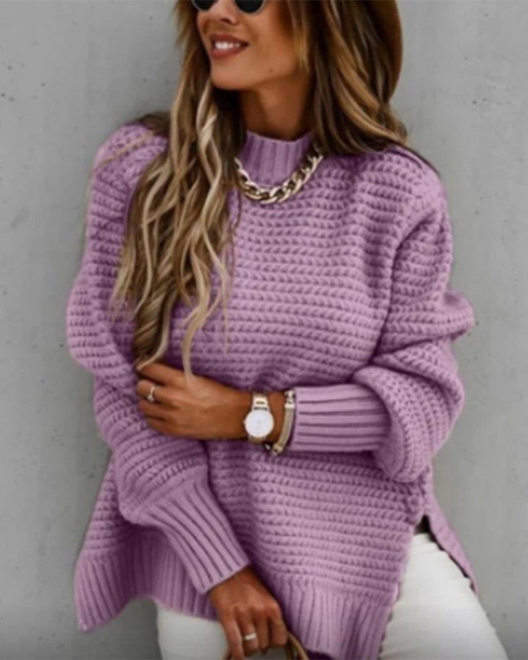 Oversize Sweter z Prążkowanej Dzianiny
