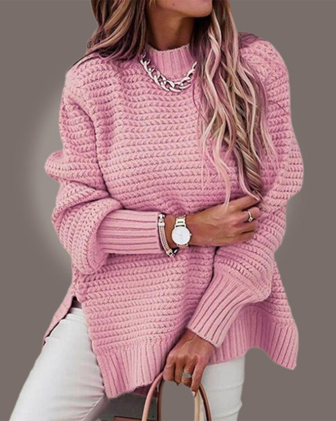 Oversize Sweter z Prążkowanej Dzianiny