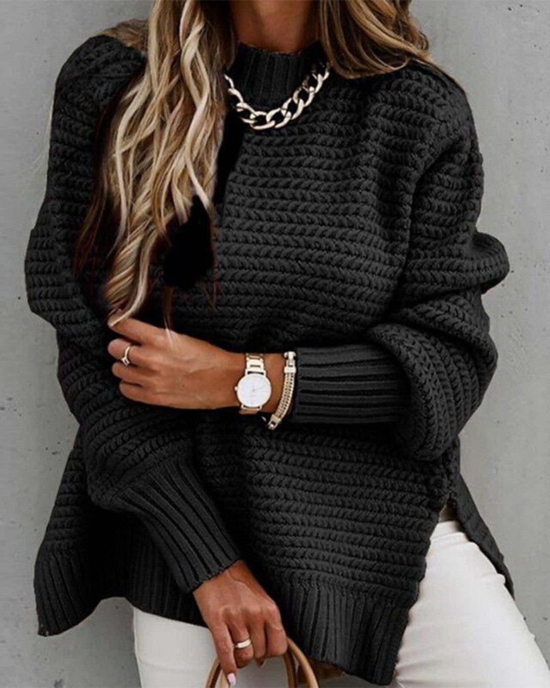 Oversize Sweter z Prążkowanej Dzianiny