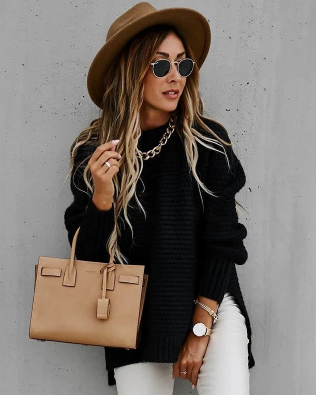 Oversize Sweter z Prążkowanej Dzianiny