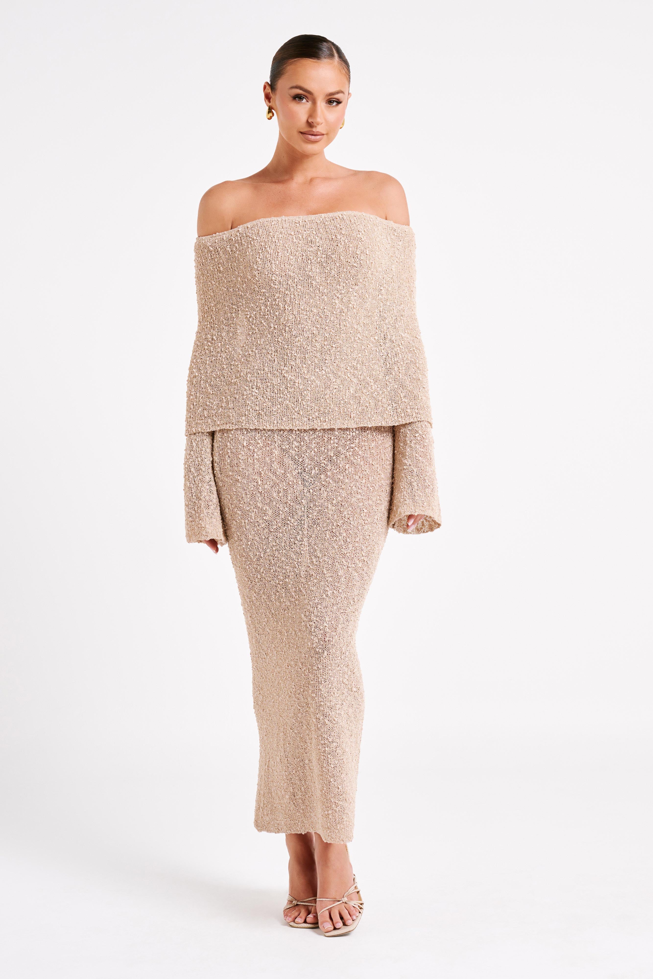 Klaudia | Sukienka maxi bouclé z dekoltem off-shoulder