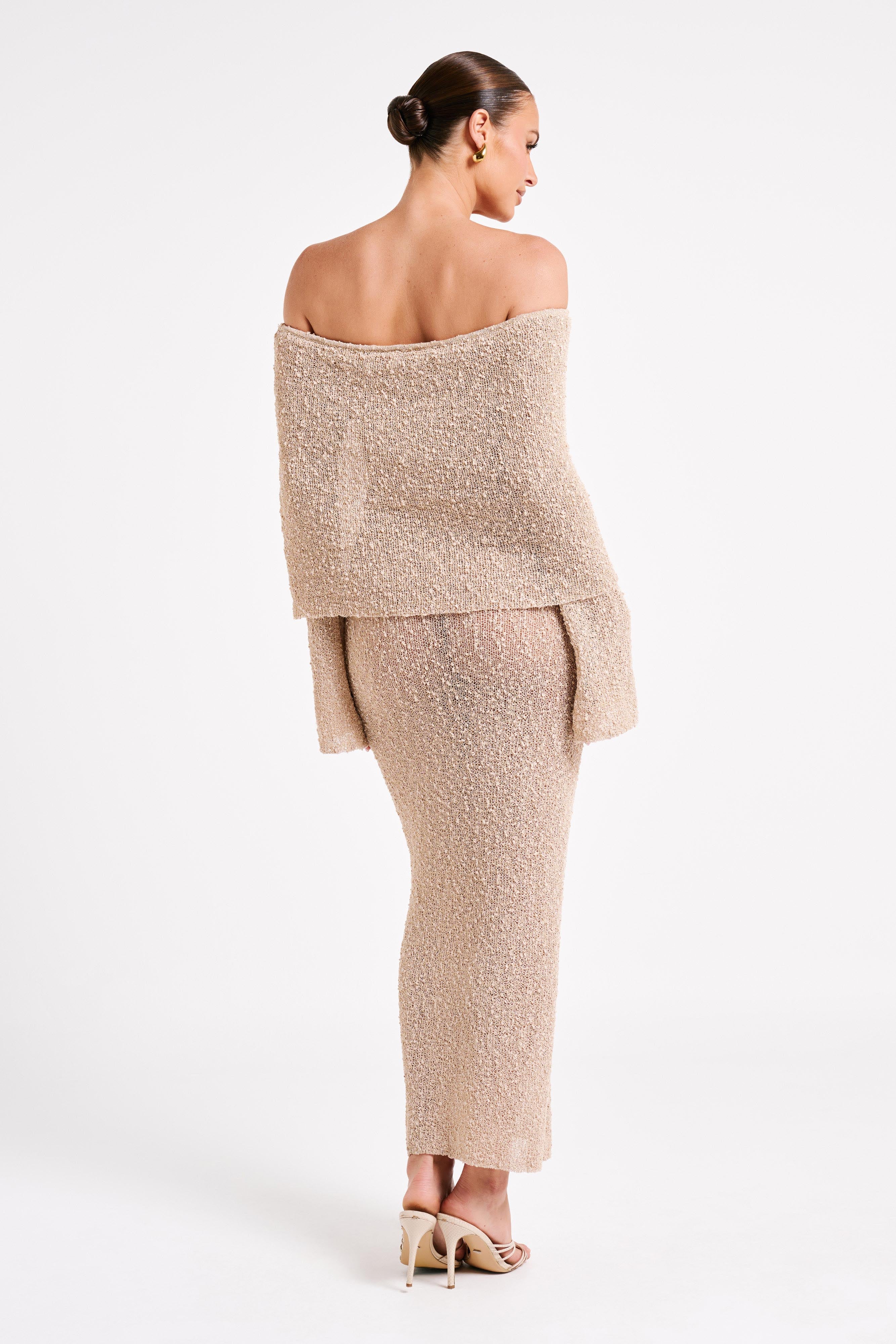 Klaudia | Sukienka maxi bouclé z dekoltem off-shoulder