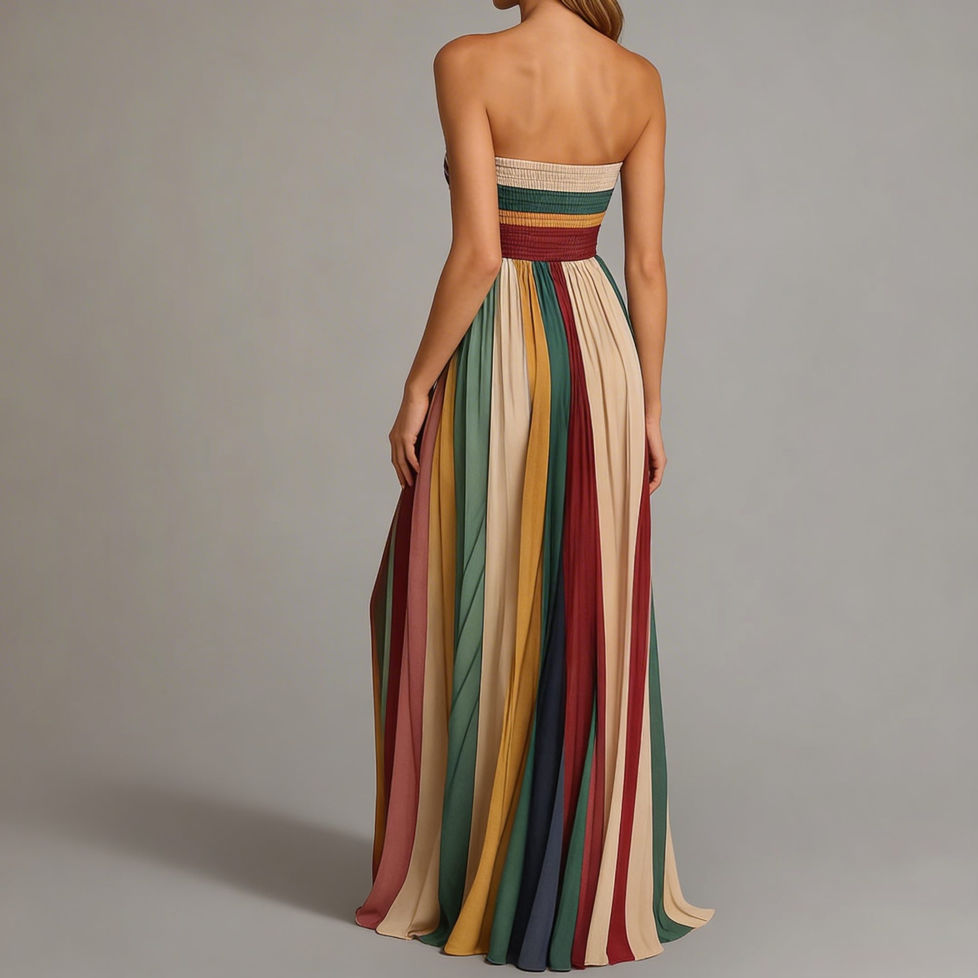 Sukienka Maxi Bez Ramiączek w Pionowe Pasy