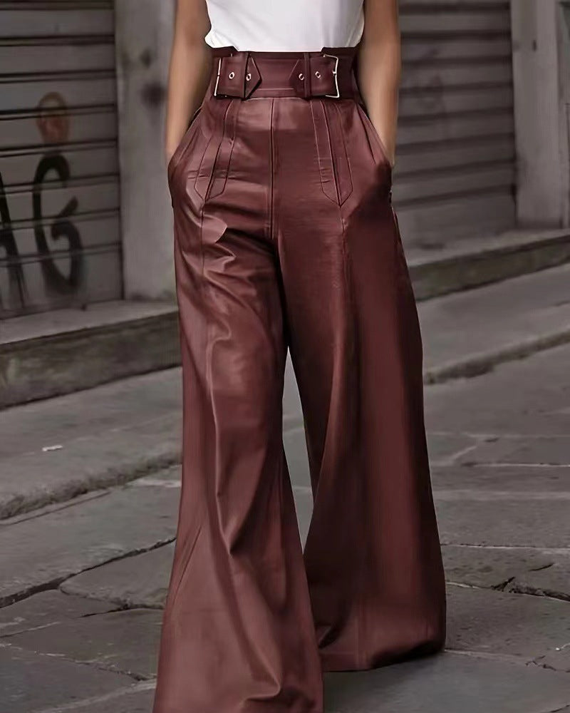Szerokie spodnie skórzane wysokiej talii elegancki nowoczesny styl