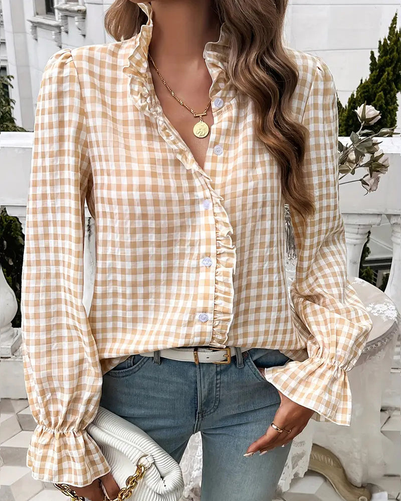 Bluzka Damska w Kratę V Neck Luźny Krój Casual Stylowa