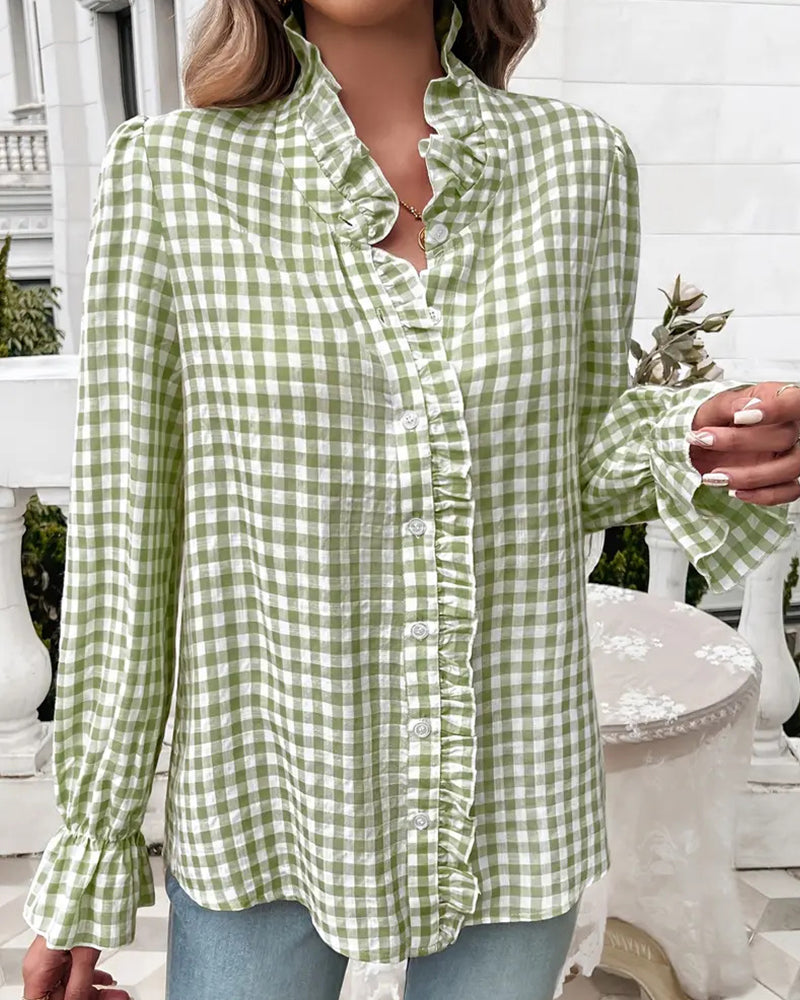 Bluzka Damska w Kratę V Neck Luźny Krój Casual Stylowa
