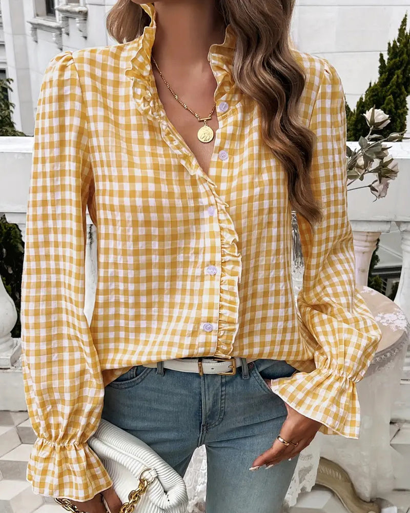 Bluzka Damska w Kratę V Neck Luźny Krój Casual Stylowa