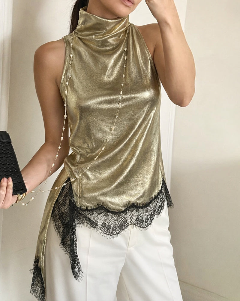 Top Damski Asymetryczny Satynowy Bez Rękawów Elegancki