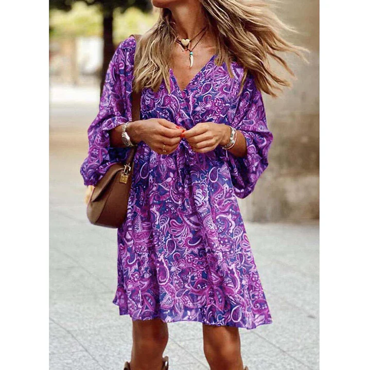 Hélène | Krótka sukienka boho z luźnym krojem i długimi rękawami