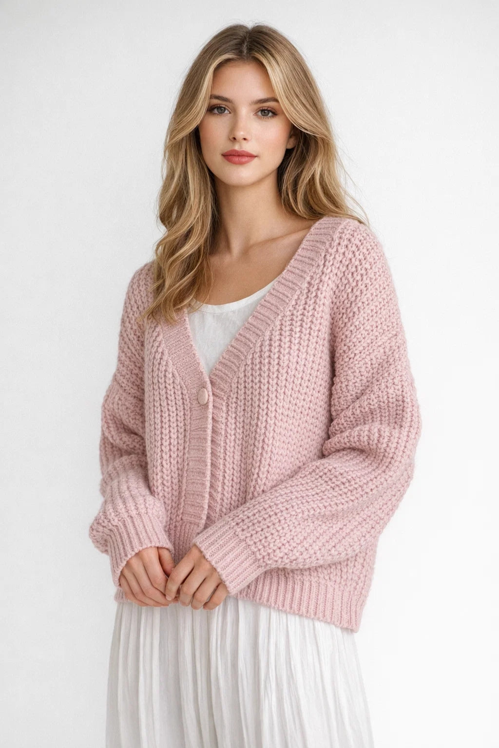 Damski Oversize Sweter Dzianinowy V Neck Miękki Casual