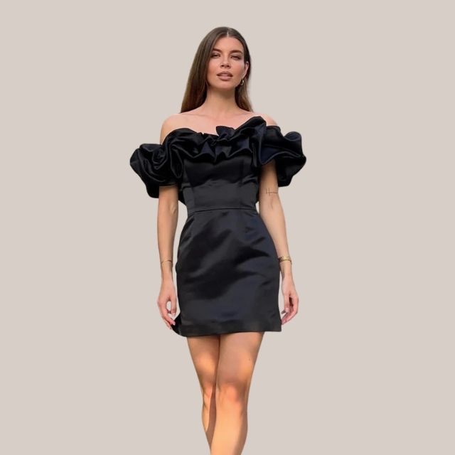Elviera | Elegancka sukienka koktajlowa bez ramiączek z falbanami