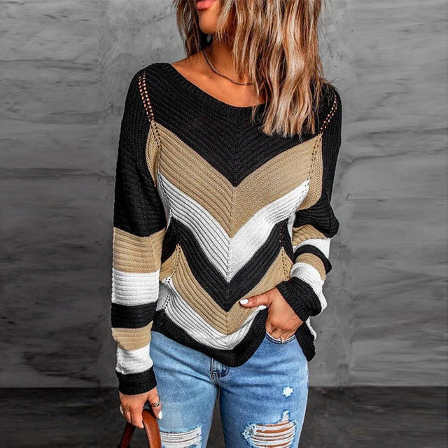 Sweter Damski z Geometrycznym Wzorem w Jodełkę