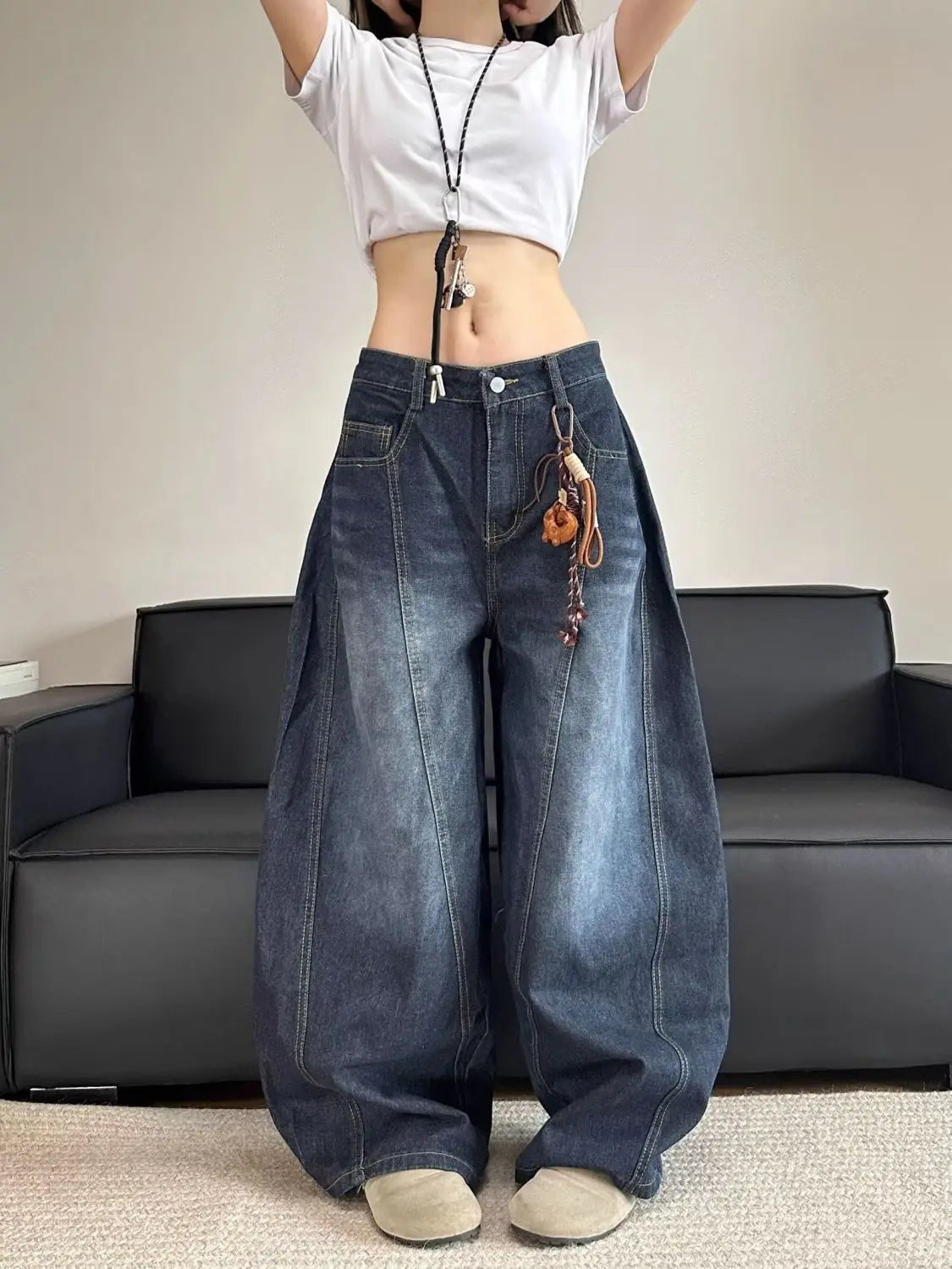 Damskie Jeansy Baggy Szerokie Nogawki Niski Stan Styl Streetwear