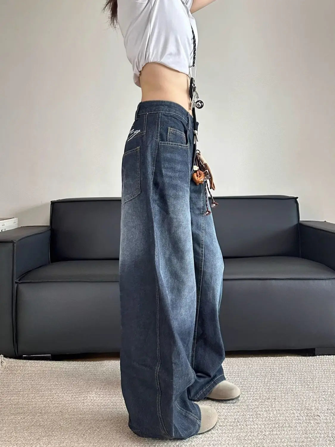 Damskie Jeansy Baggy Szerokie Nogawki Niski Stan Styl Streetwear