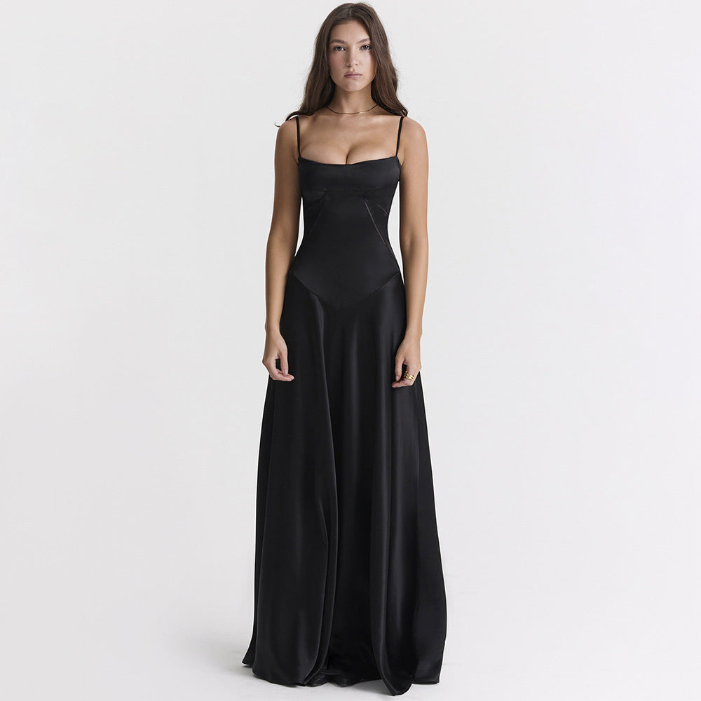 Satynowa Sukienka Maxi na Ramiączkach Elegancki Wieczorowy Styl