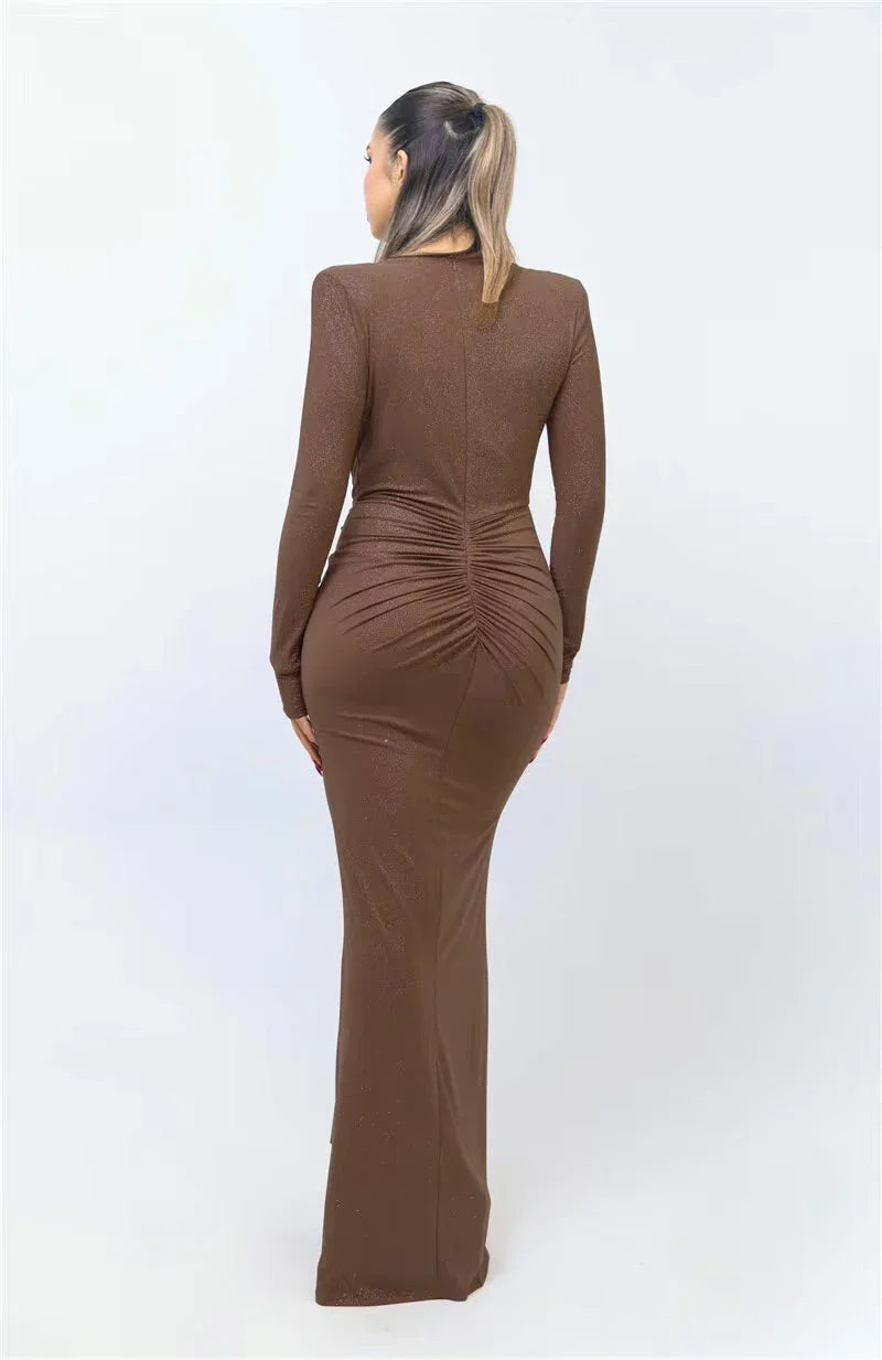Sukienka maxi z dekoltem elegancka dopasowana stylowa wieczorowa