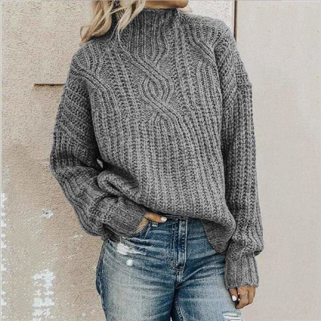 Gruby Sweter Damski z Dzianiny o Luźnym Kroju