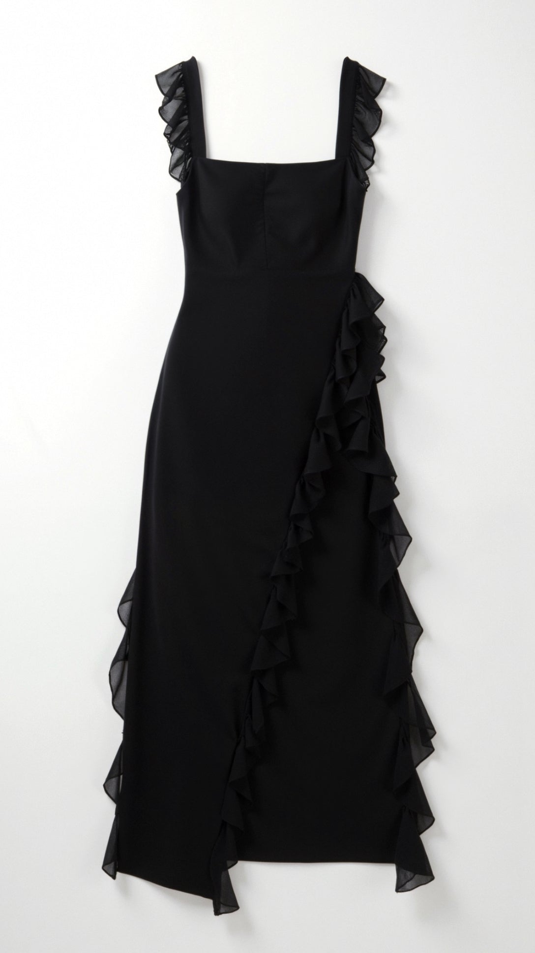 Sukienka Maxi z Rozcięciem Falbany na Ramiączkach Elegancki Styl