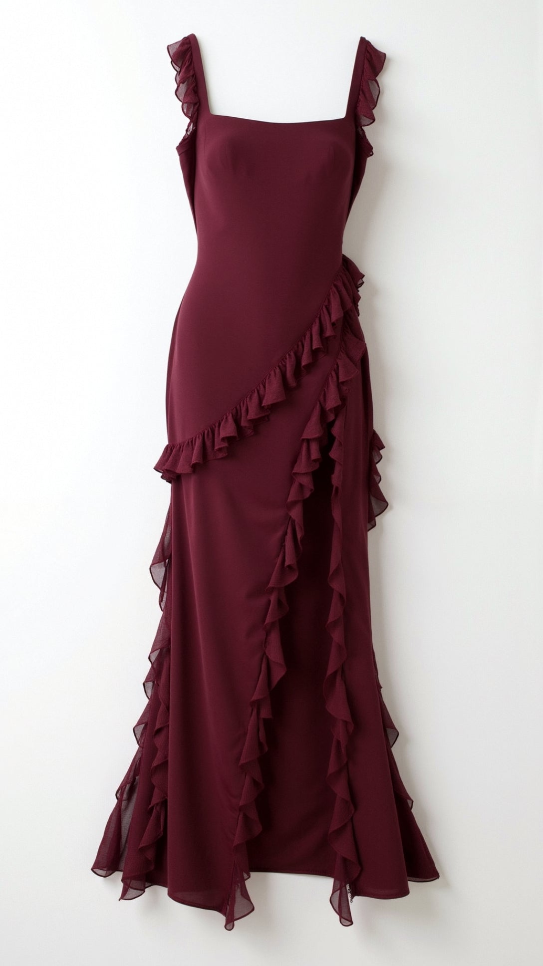 Sukienka Maxi z Rozcięciem Falbany na Ramiączkach Elegancki Styl