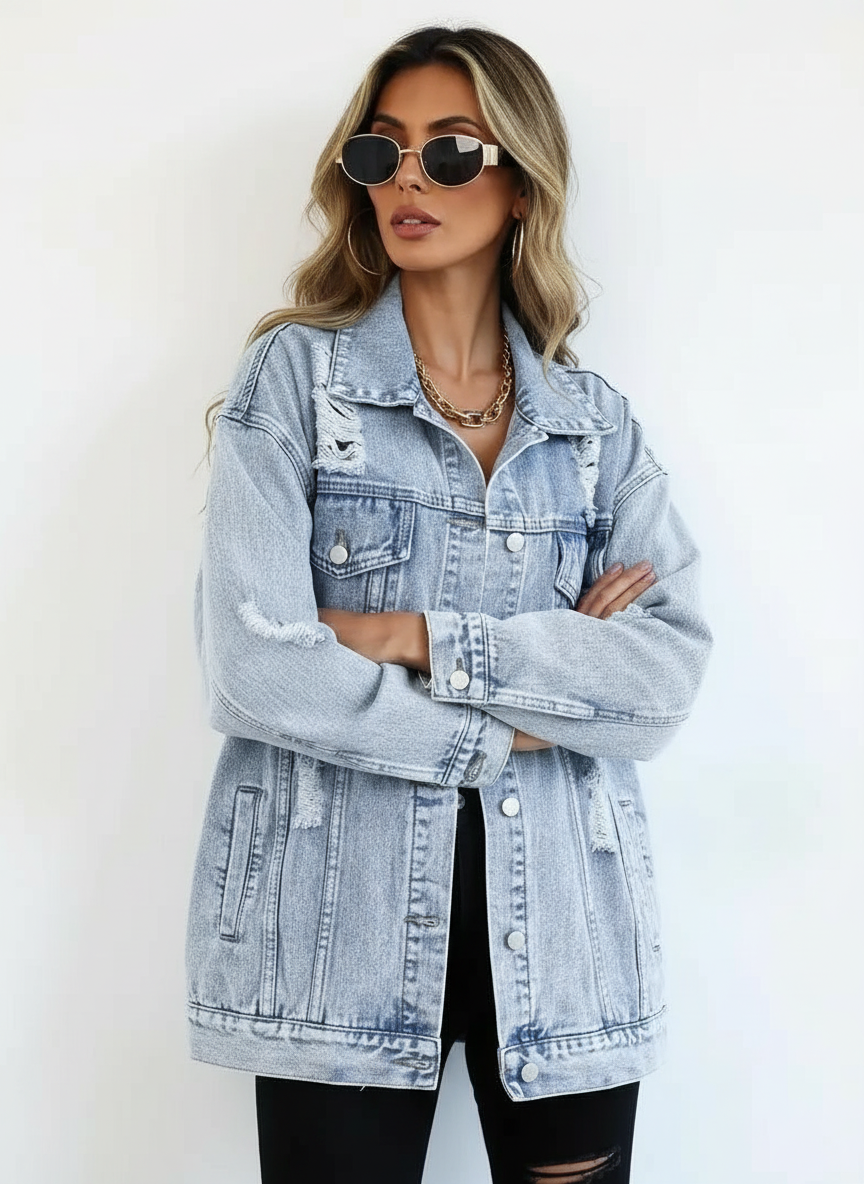 Damska Oversize Kurtka Jeansowa Vintage Denim
