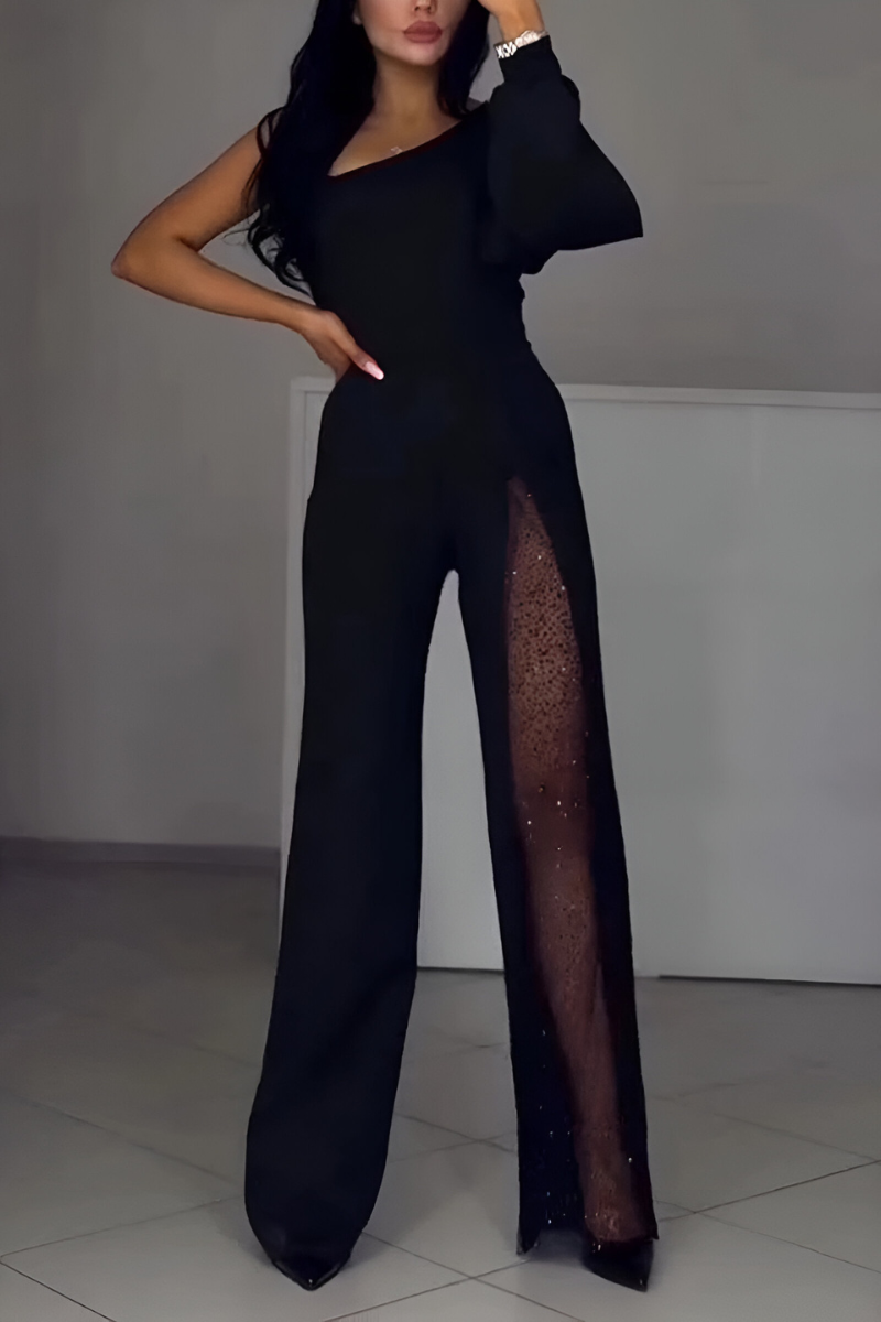 Czarny Kombinezon Na Jedno Ramię Z Rozcięciem Elegancki