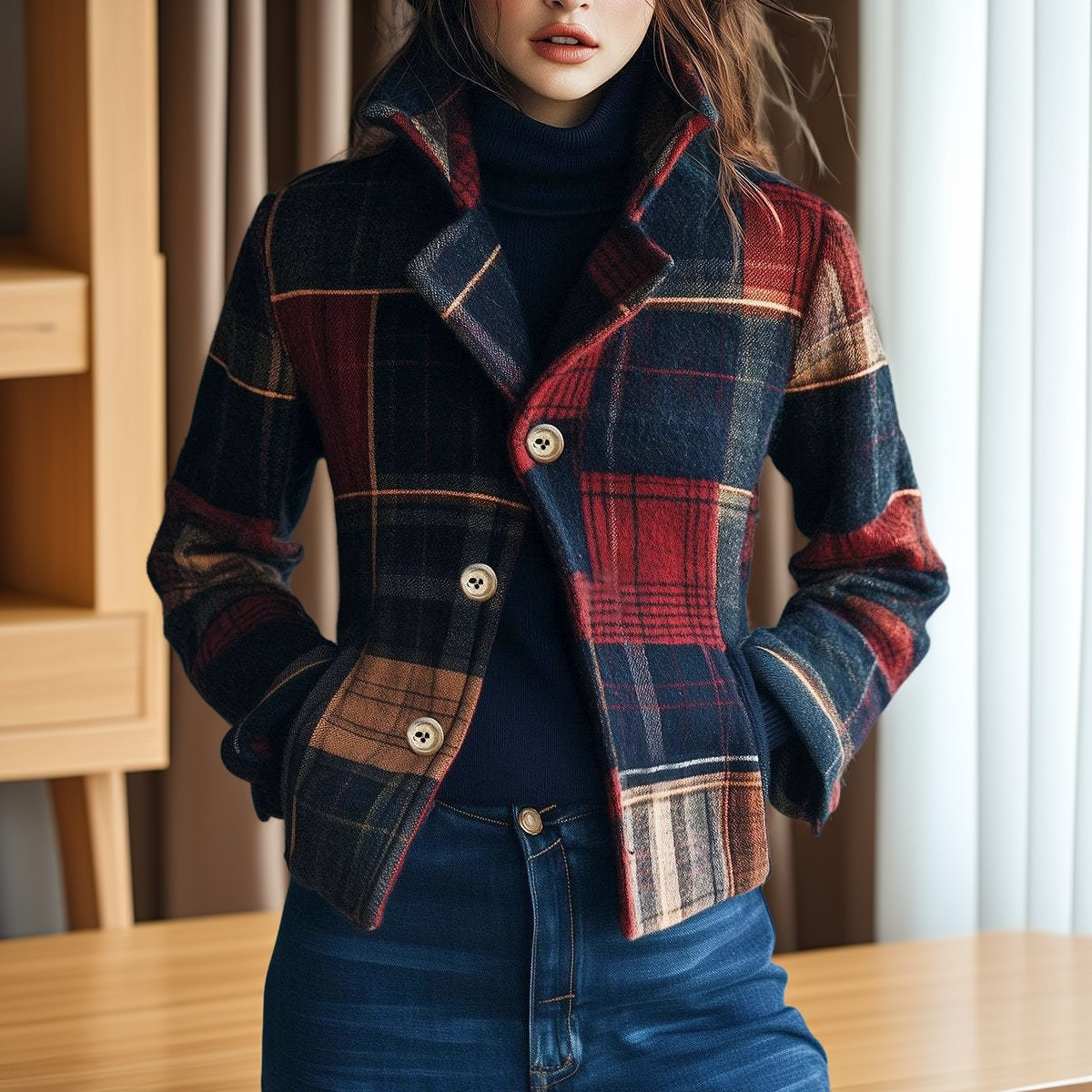 Krótka kurtka w kratę elegancka stylowa jesienna casual