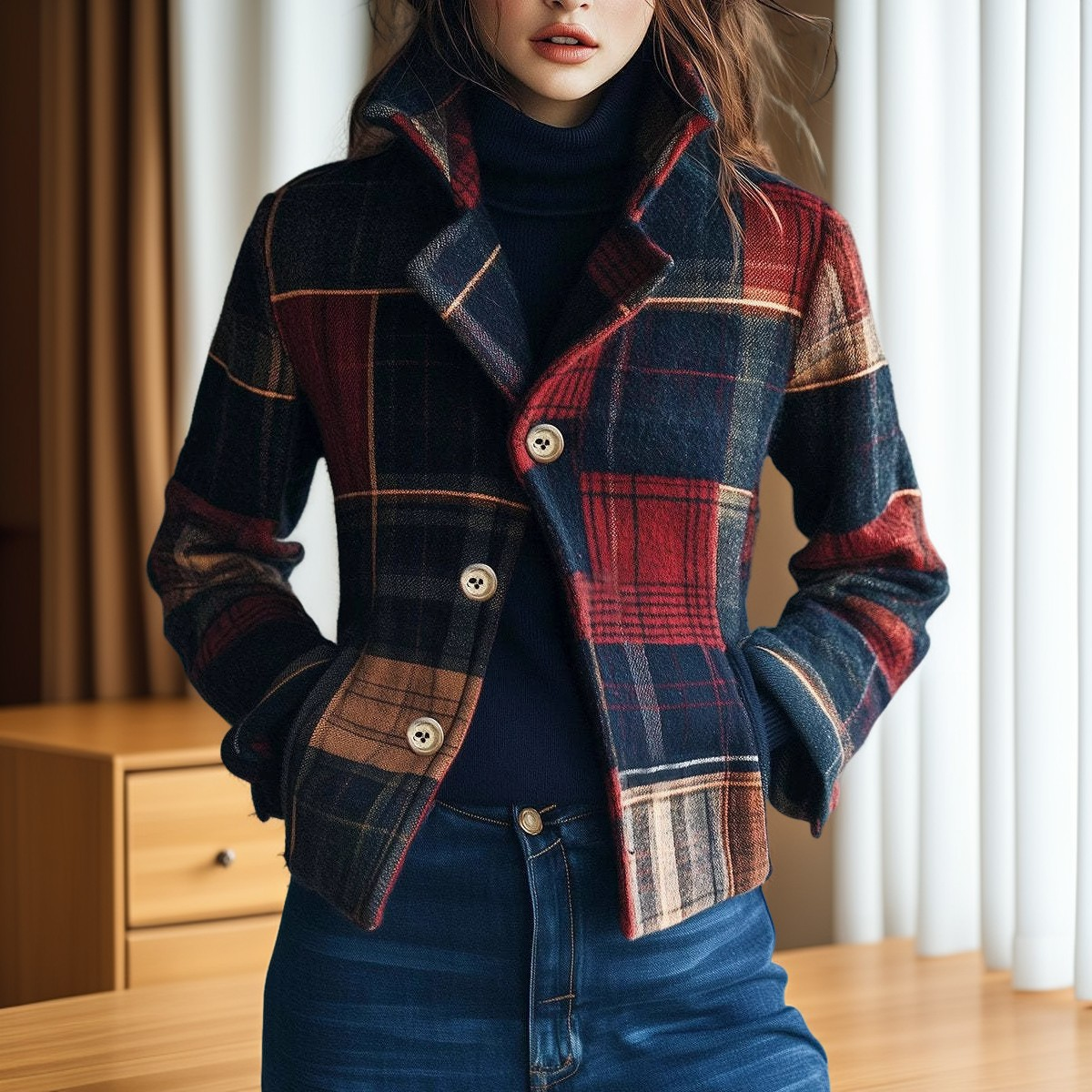 Krótka kurtka w kratę elegancka stylowa jesienna casual