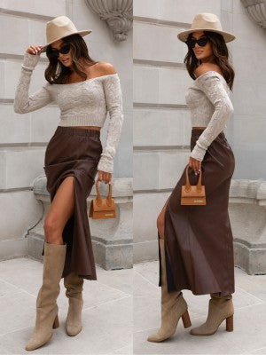 Sweter Damski Off Shoulder Dopasowany Prążkowany Stylowy Top