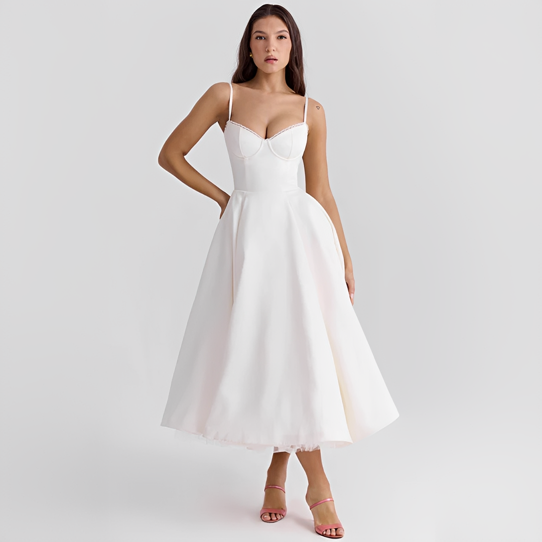 Elegancka Sukienka Midi na Ramiączkach z Rozkloszowanym Dołem