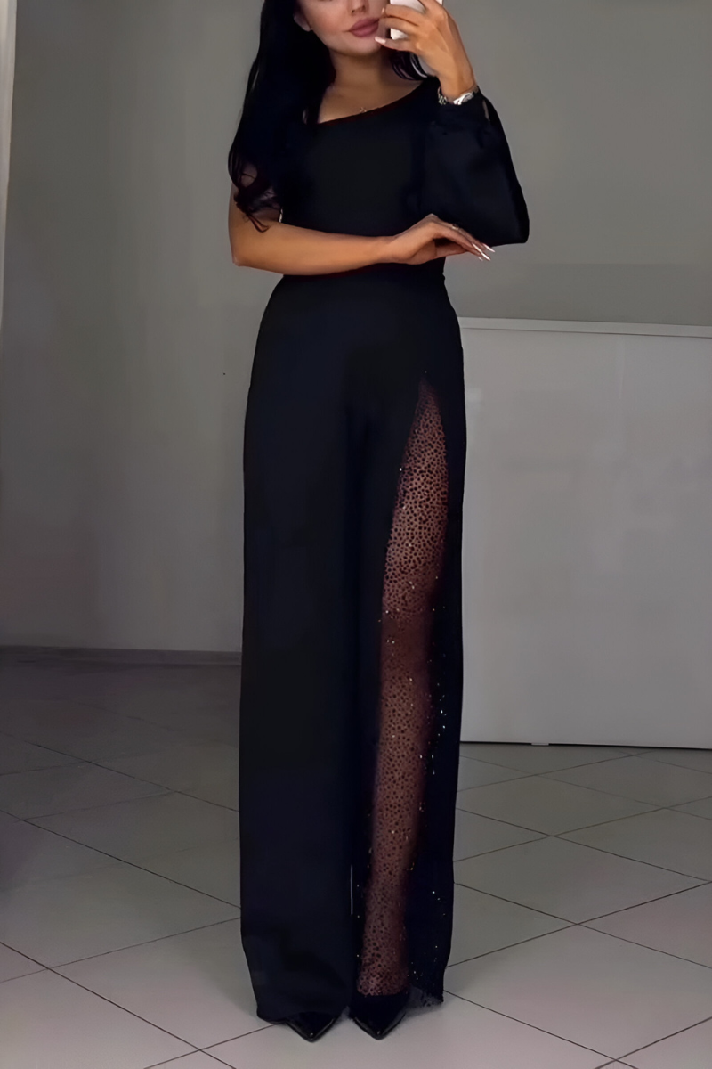 Czarny Kombinezon Na Jedno Ramię Z Rozcięciem Elegancki