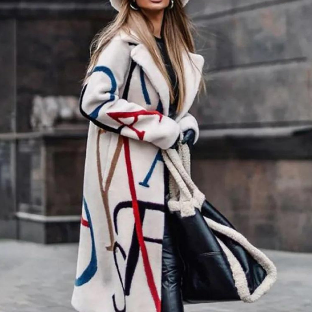 Damski Długi Płaszcz z Wzorem Artystycznym Oversize