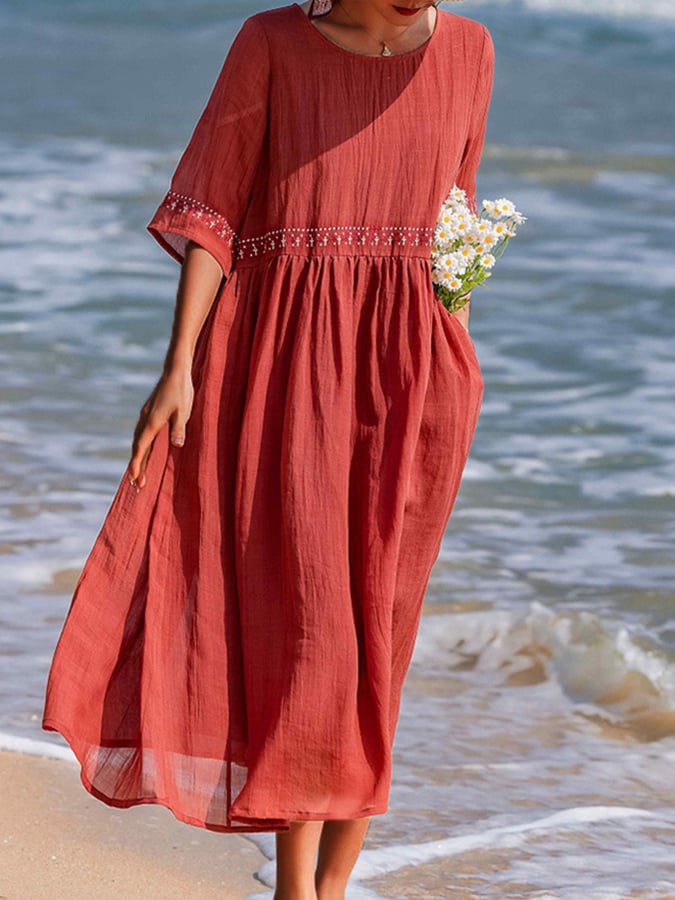 Sukienka Maxi z Krótkim Rękawem i Marszczoną Talią