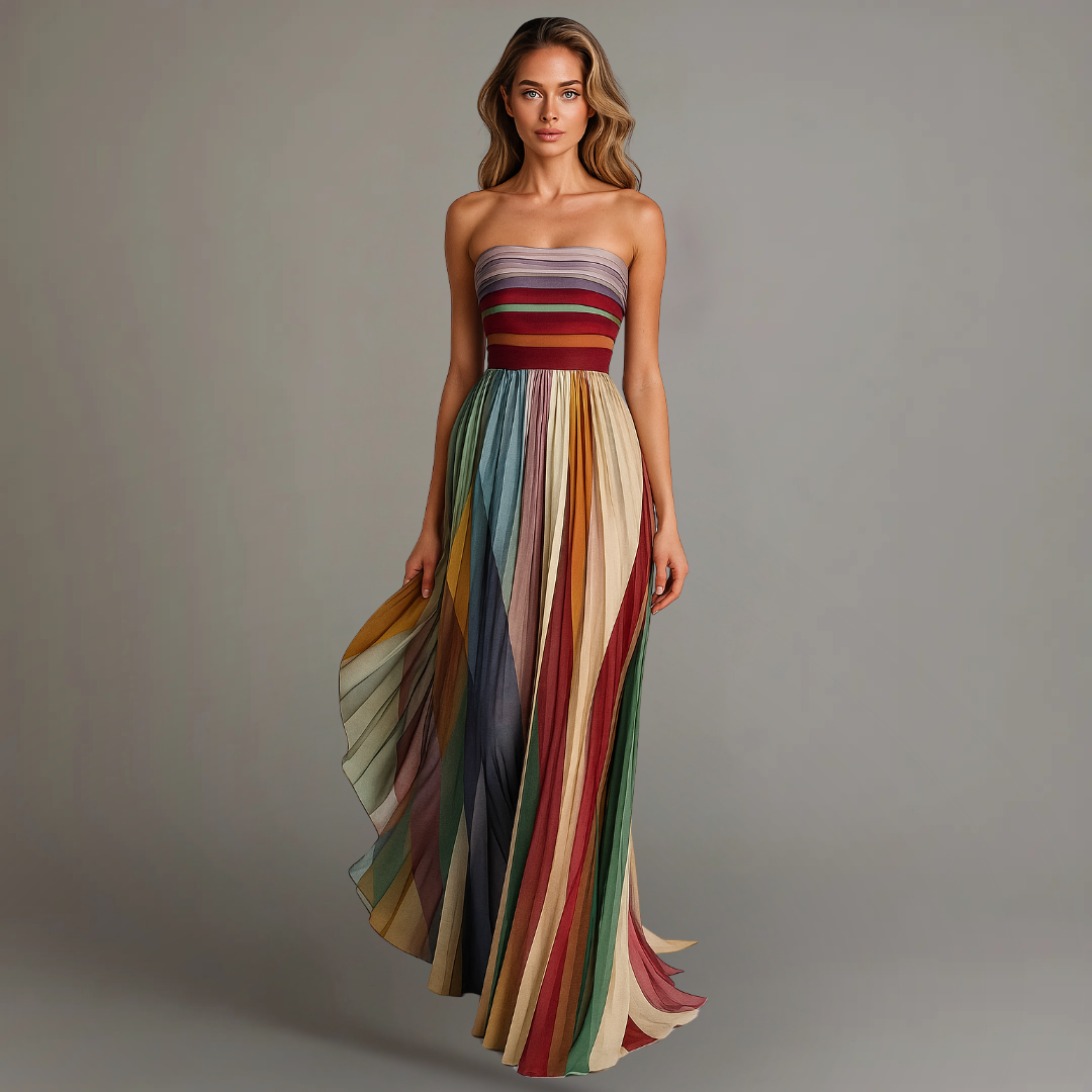 Megan | Plisowana Maxi Sukienka Bez Ramiączek w Stylu Colorblock