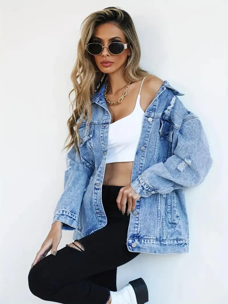 Damska Oversize Kurtka Jeansowa Vintage Denim