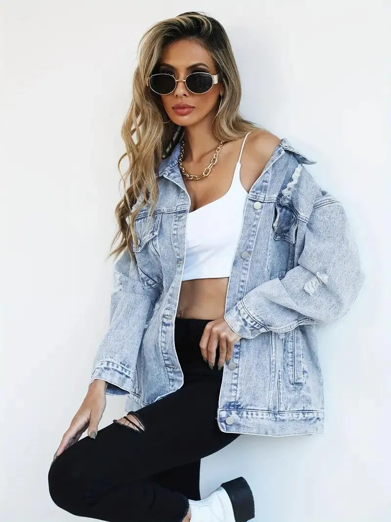 Damska Oversize Kurtka Jeansowa Vintage Denim