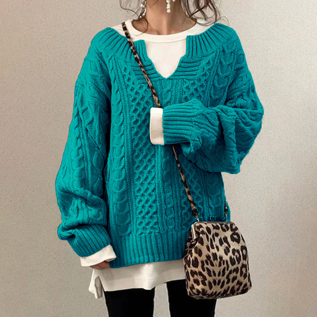 Luźny Sweter Oversize z Dekoltem V – Styl Casual