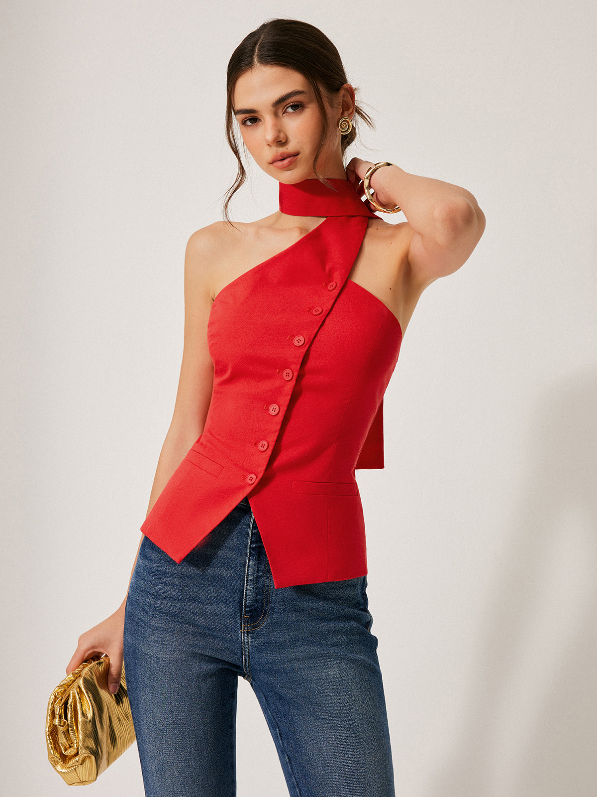 Czerwony Top Halter Bez Rękawów Elegancki Dopasowany