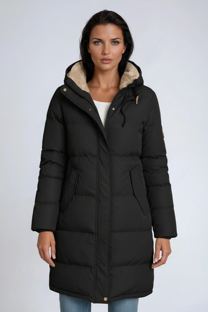 Damski Długi Płaszcz Puchowy z Kapturem – Ciepła Kurtka Zimowa