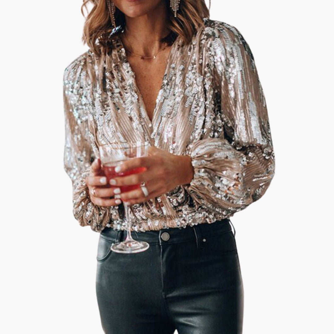 Damska Bluzka Cekinowa z Kopertowym Dekoltem – Elegancka Bluzka Wieczorowa